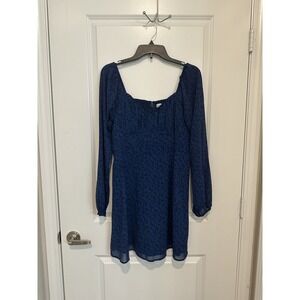 Hollister Blue Floral Milkmaid Mini Dress L Long Sleeve Smocked Holiday‎ Winter